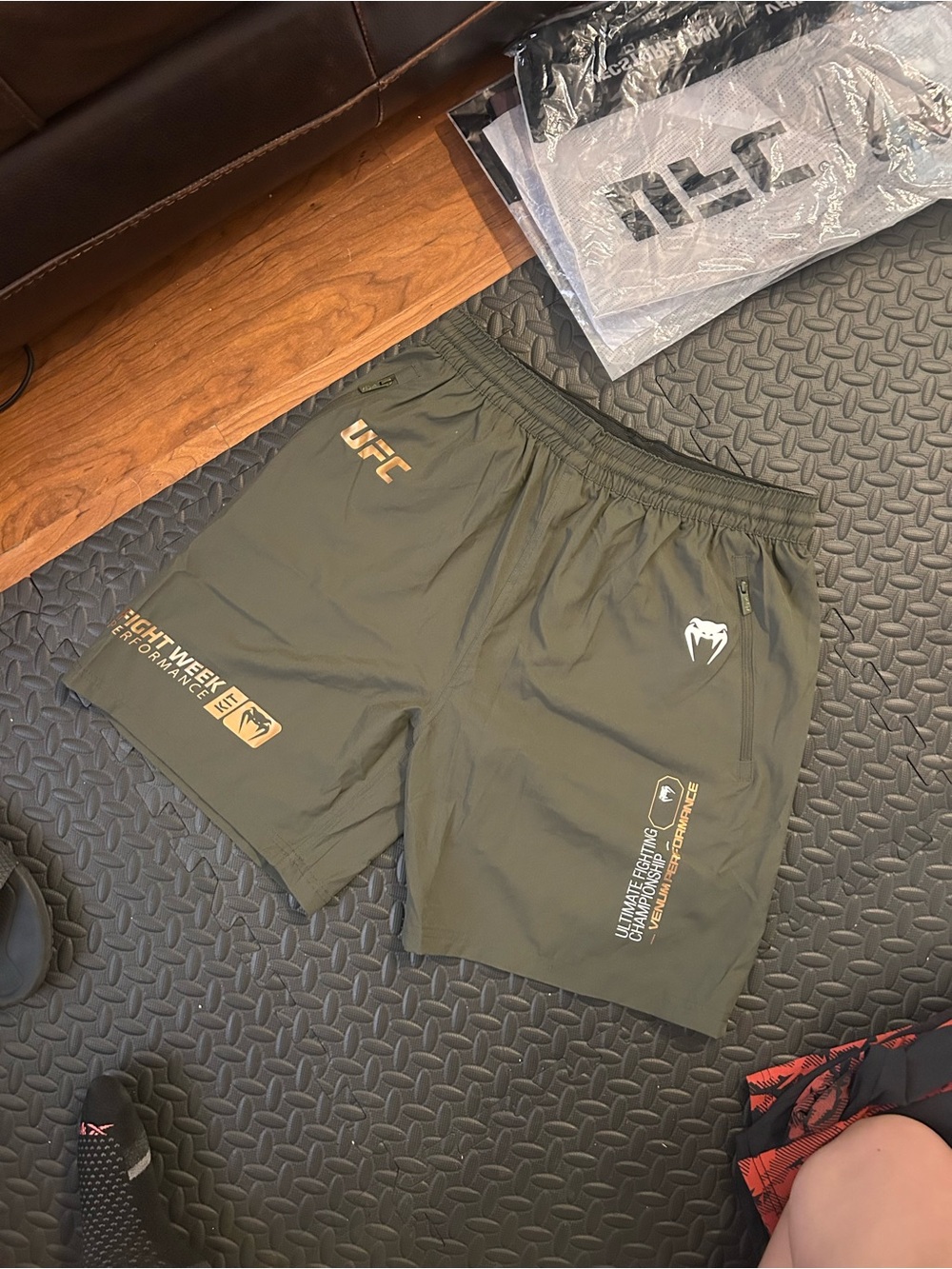 UFC Olive Green Athletic Training Shorts with Gold Accents